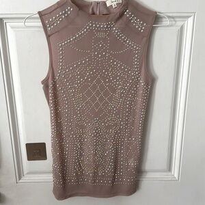 Mauve Embellished Studded Sleeveless Knit Mock Neck Top